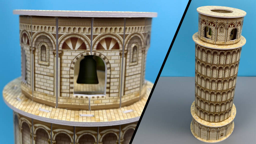 Miniature Leaning Tower of Pisa model shown from two angles on a blue background.