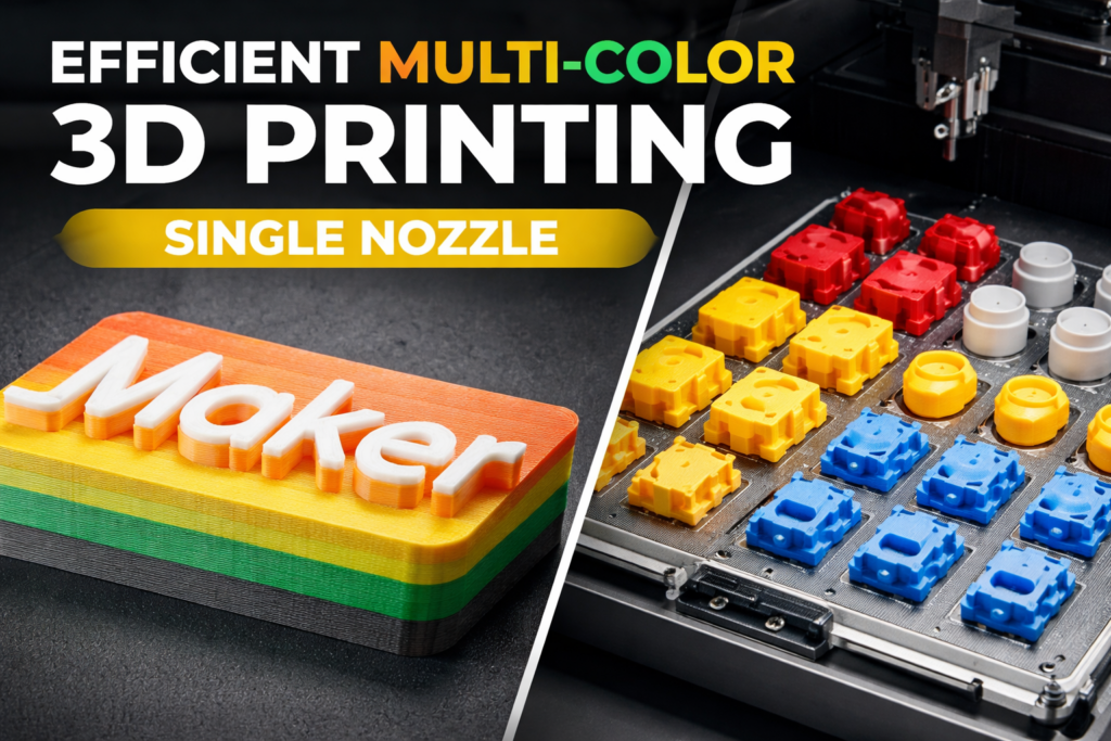 Efficient multi-color 3D printing with a single nozzle, showing a printed “MARK” part and toolhead with colored filament blocks