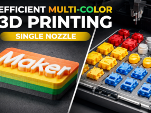 Efficient multi-color 3D printing with a single nozzle, showing a printed “MARK” part and toolhead with colored filament blocks